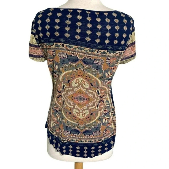 Lucky Brand S blue Persian carpet print scoop neck short sleeve boho top - Picture 3 of 6